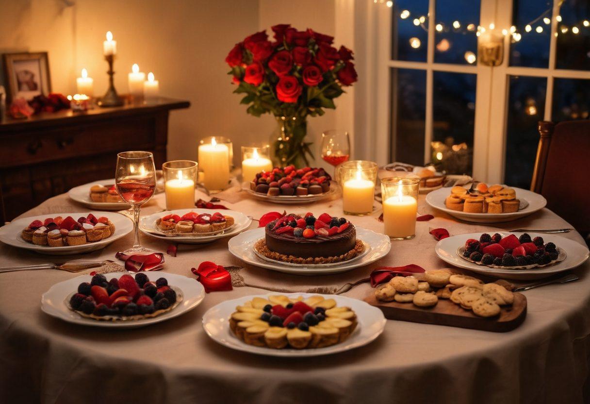 A beautifully set dinner table adorned with elegant desserts like chocolate mousse, fruit tarts, and heart-shaped cookies, surrounded by soft candlelight. In the background, a cozy ambiance with twinkling fairy lights and roses, inviting a romantic atmosphere. Soft, warm colors to evoke a feeling of intimacy and sweetness. super-realistic. romantic lighting. vibrant colors.
